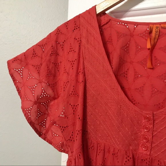 BCBGeneration coral red pink eyelet flutter sleeve blouse - Picture 3 of 5